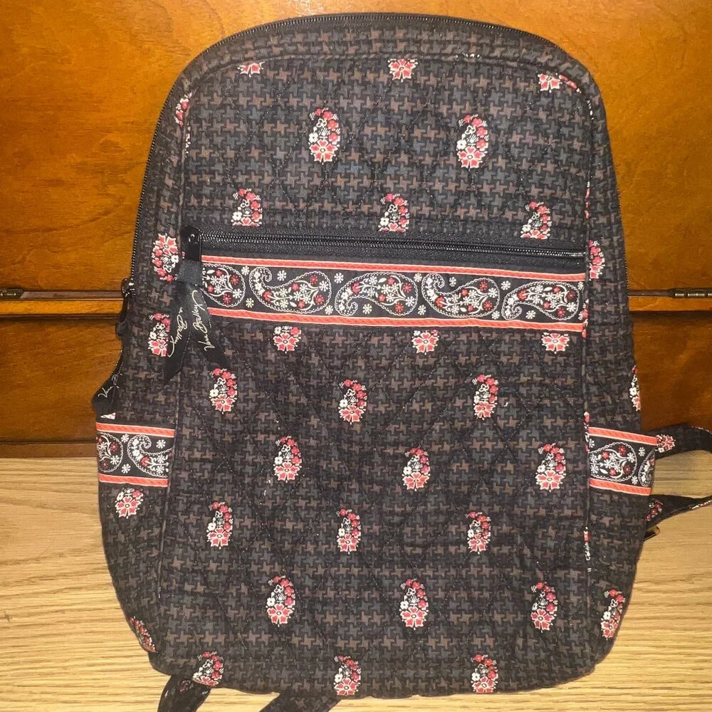 Vera Bradley Floral Black & Red Quilted BackPack Shoulder Bag Sling w/Rain Bag